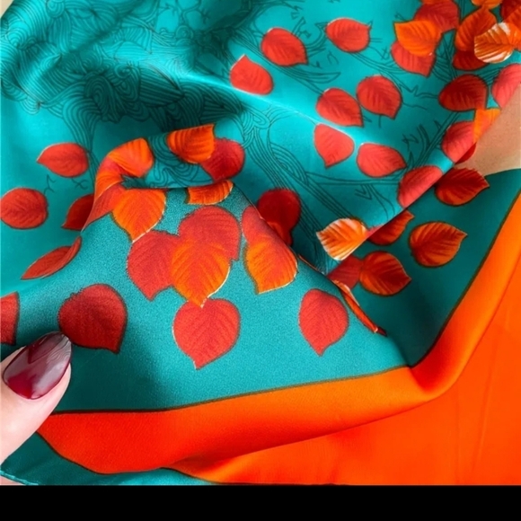 Turquoise silky orange bright happy leaf luxury summer scarf - Picture 5 of 5